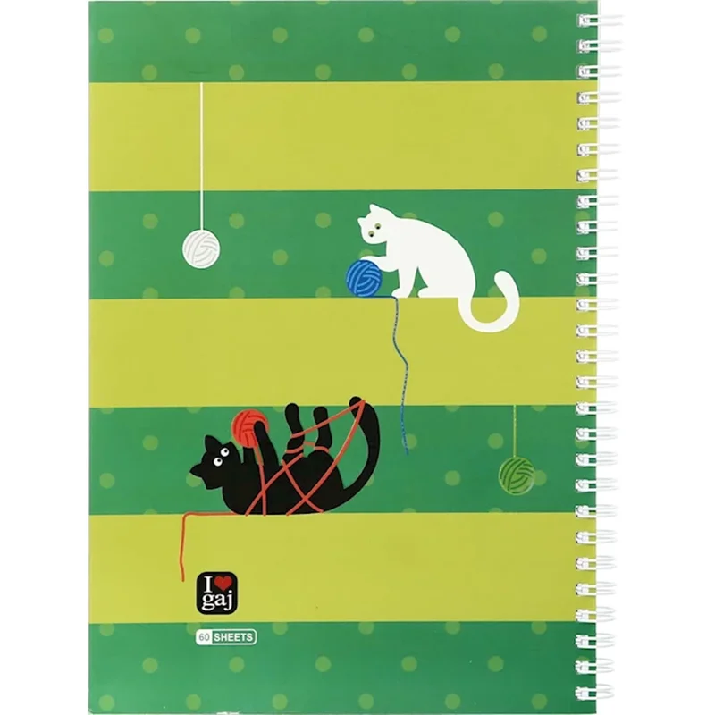 دفتر سیمی 60 برگ گاجکو طرح گربه سبز و زیتونی